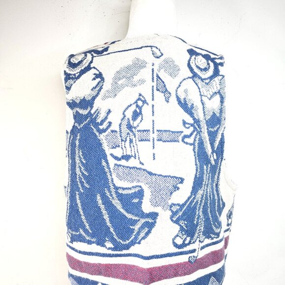 Vintage 70s Maxson Tapestri Oatmeal White Blue Woman Golf Tapestry Vest - Picture 3 of 7